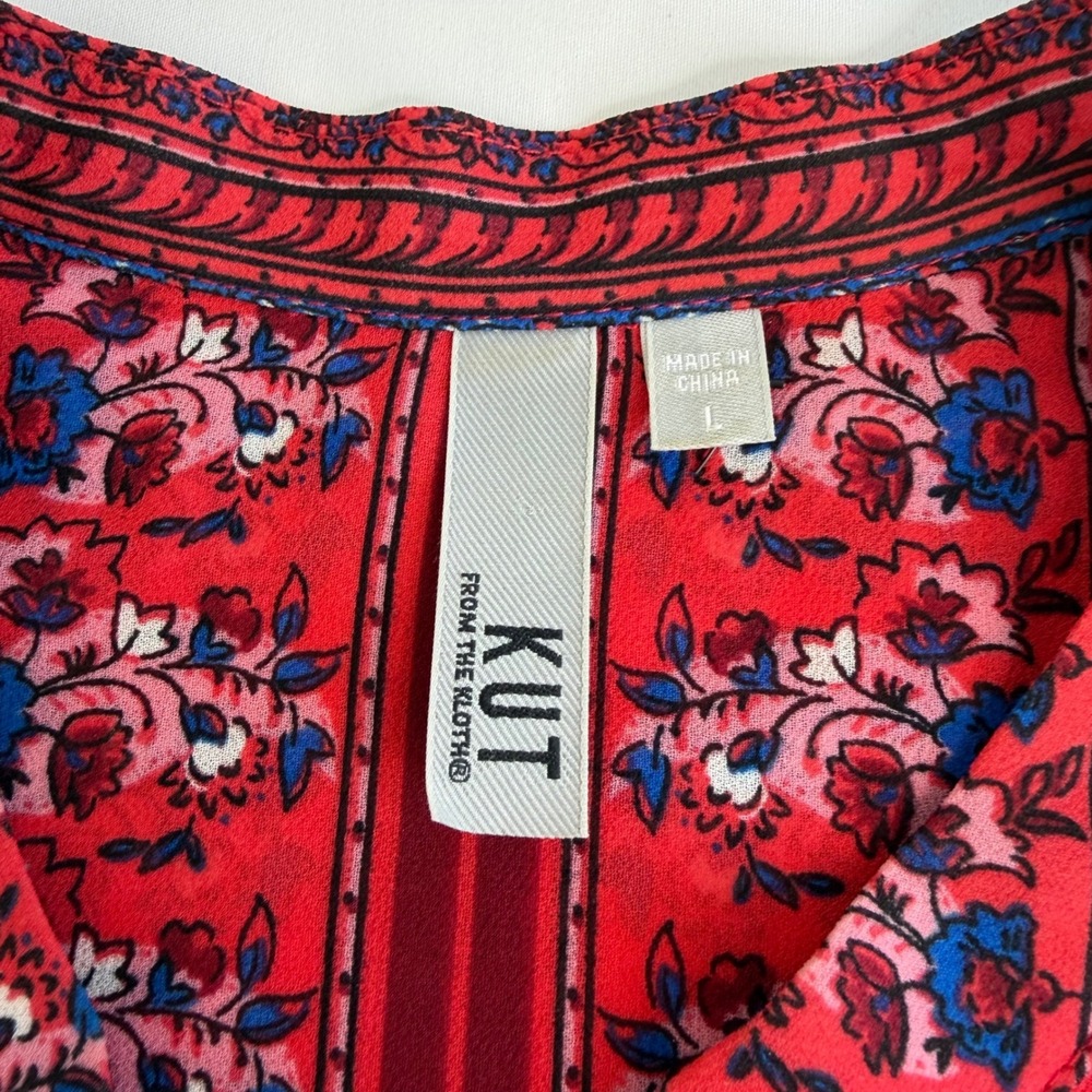 Kut from the Kloth Womens Boho Indie Floral Blouse Large Red Slit Sleeve - Picture 3 of 10